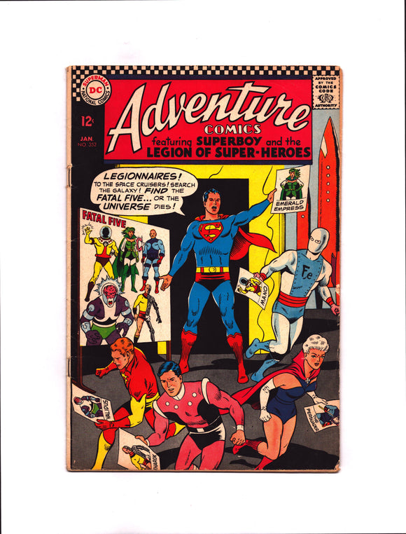ADVENTURE COMICS #352 (1967) 1ST APPEARANCE OF THE FATAL FIVE (EMERALD EMPRESS, MANO, THE PERSUADER, THAROK & VALIDUS) VGFN/FN-