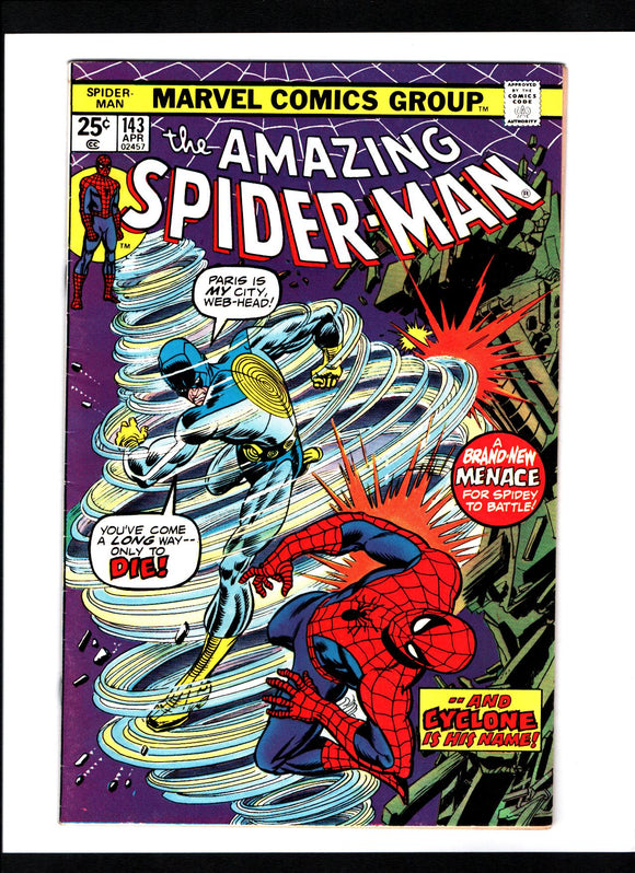 AMAZING SPIDER-MAN #143 (1975) 1ST APPEARANCE OF CYCLONE; 1ST KISS BETWEEN PETER PARKER AND MARY JANE FNVF/VF-